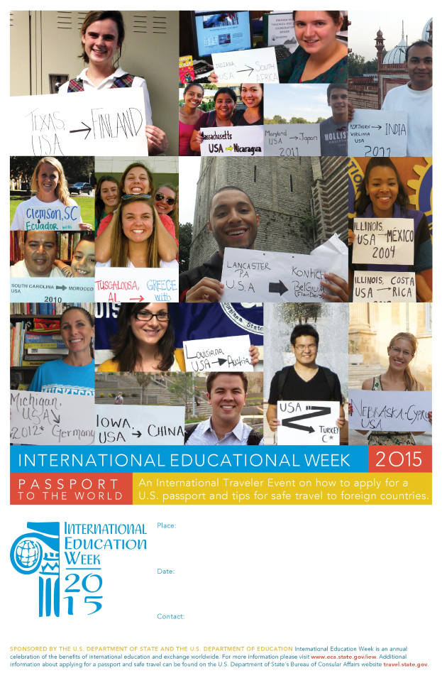 Ein Plakat für die Internationale Bildungswoche 2015, das eine Gruppe von Menschen mit Schildern zeigt und Text enthält, der Informationen zum Event bereitstellt.