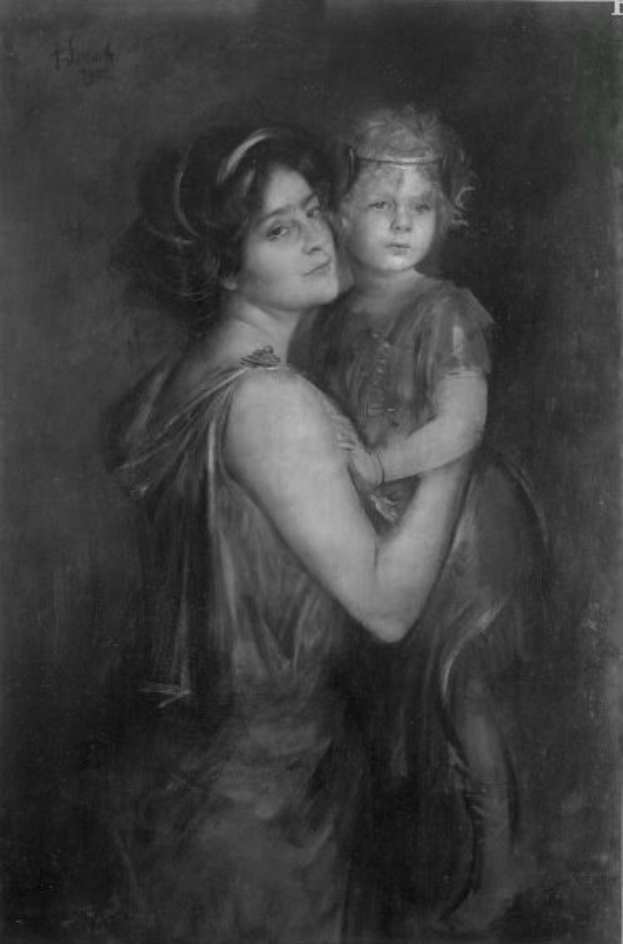 Schwarzes und weißes Portr├Ąt einer Frau, die ein Kind h├Ąlt, mit dem Text "Mutter und Kind" unten.