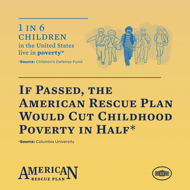 Plakat für den American Rescue Plan, das den Text zeigt, dass es die Kinderarmut in den USA halbieren würde, und ein Bild einer vielfältigen Gruppe von Menschen.