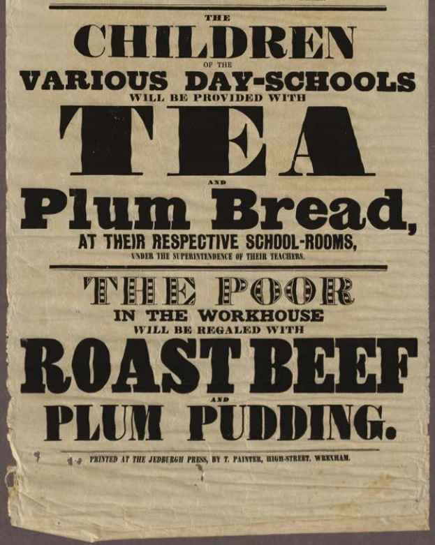 Ein Blatt mit Text, auf dem angekündigt wird, dass Kinder aus verschiedenen Tagesschulen Tee, Pflaumenbrot, Roastbeef und Pflaumenpudding erhalten werden.