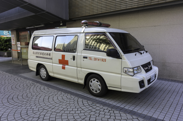 Ambulanz vor einem Gebäude mit einem Schild, das es als Notfährzeug kennzeichnet, umgeben von Bäumen und Pflanzen.