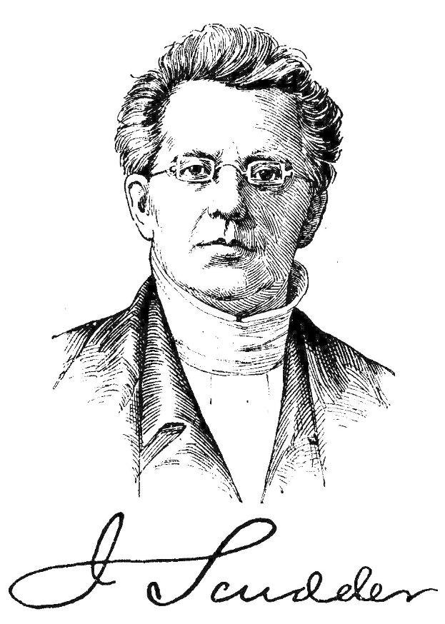 Ein Schwarz-Weiß-Zeichnung eines Mannes im Anzug mit zurückgekämmtem Haar und Brille, der konzentriert zur Seite schaut, mit der Schrift 'Ludwig Freud' unten in Fettschrift.