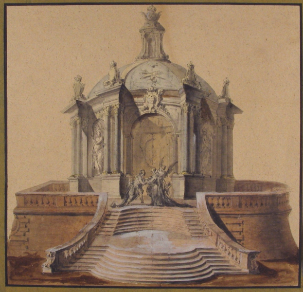 Ein gerahmtes Bild einer Brunnenzeichnung mit einer Statue darauf, umgeben von Treppen und zusätzlichen Skulpturen, im klassischen Stil präsentiert.