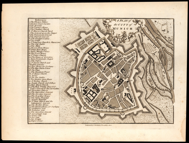Ein altes Stadtplan von München, Deutschland, auf einem schwarzen Hintergrund, der Straßen, Gebäude und Sehenswürdigkeiten mit beschrifteten Text zeigt.
