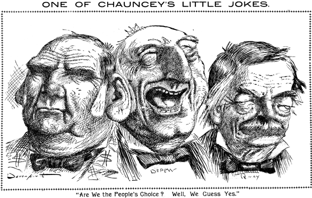 Plakat mit dem Titel "Einer von Chaunceys kleinen Witzen" mit einer Zeichnung von drei lachenden Menschen.