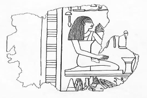 Eine ägyptische Frau sitzt auf einem Thron mit einem friedlichen Gesichtsausdruck, trägt eine traditionelle Kopfbedeckung und Schmuck und hat ihre Hände vor der Brust verschränkt, vor einem weißen Hintergrund.