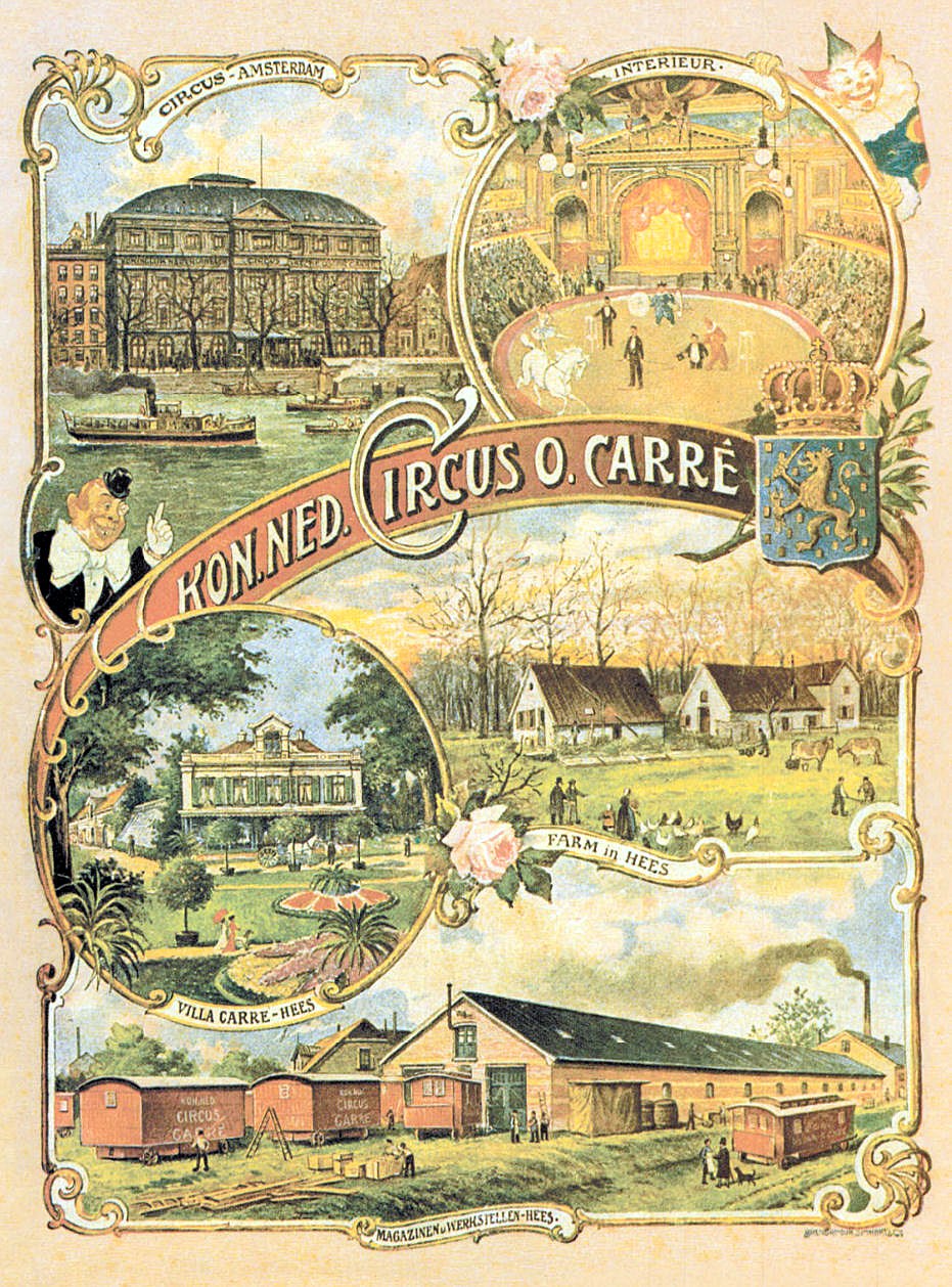 Ein buntes Zirkusposter in einer urbanen Umgebung, umgeben von Gebäuden, Bäumen und Menschen, mit Text und Tierillustrationen.