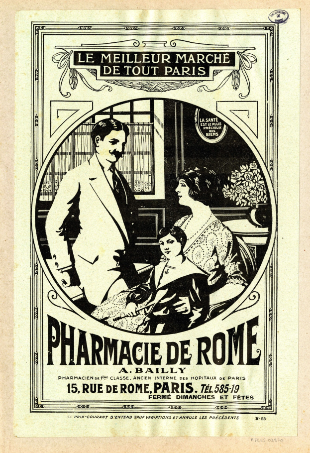 Schwarz-weiß-Anzeige für eine Apotheke in Rom mit einem Mann und einer Frau nebeneinander mit Text, der die Apotheke und ihre Dienstleistungen beschreibt.