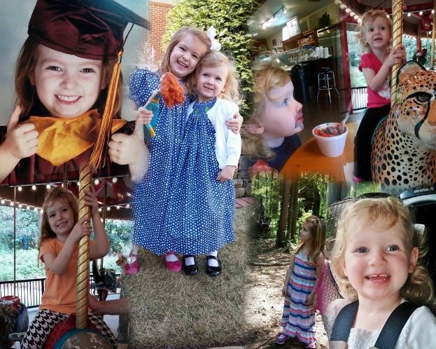 Collage mit lustigen Fahrgeschäften, Kinderartikeln (Tisch, Tasse, Essen, Löffel), Außenelementen (Lichter, Wand, Büsche, Bäume, Gras, Seil) und einem Hut.