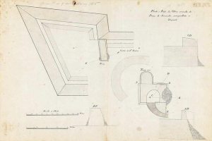 Eine Seite aus einem Buch mit einer detaillierten Zeichnung einer Ecke und einem Loch, das als Plan des Opernhauses von 1845 gilt, begleitet von Text und architektonischen Details.