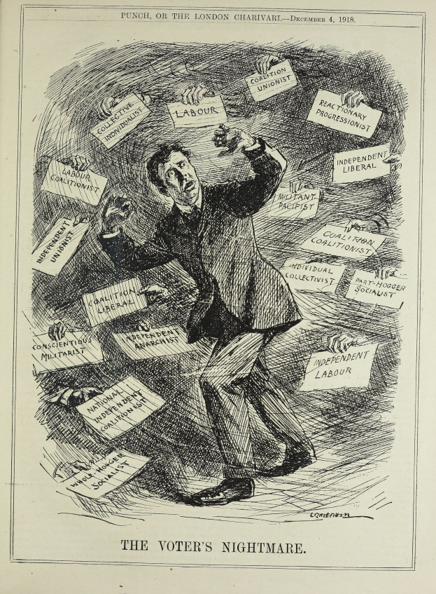 Ein Blatt mit einer Zeichnung eines Mannes im Anzug und Krawatte, der ein Schild hält, auf dem "Der Wähleralbtraum" steht, mit entschlossener Miene und fetter Schrift.