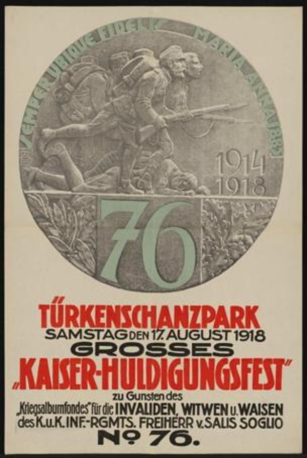 Plakat zum 70-j├Ąhrigen Jubil├Ąum des Kaiser-Huldigungsfestes in Berlin, Deutschland, mit einer Gruppe von Menschen umgeben von Text und Zahlen in einem gerahmten Design.