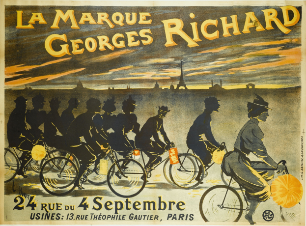 Plakat, das ein Fahrradrennen in Paris mit Radfahrern und dem Eiffelturm im Hintergrund sowie Text auf dem Plakat zeigt.