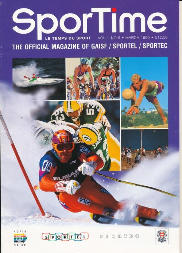 Titelbild von *Sporttime Magazine* März 1996, das Ski- und Snowboard-Aktivitäten zeigt.