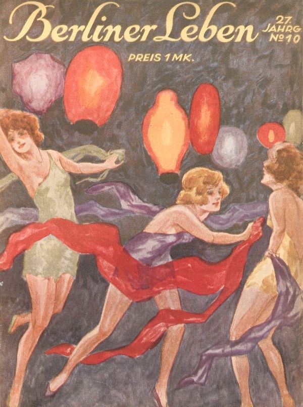 Ein Magazin-Cover mit dem Titel "Berliner Leben", das ein Gemälde von drei Frauen in bunten Kleidern zeigt, die mit ausgestreckten Armen tanzen und von farbenfrohen Ballons umgeben sind.