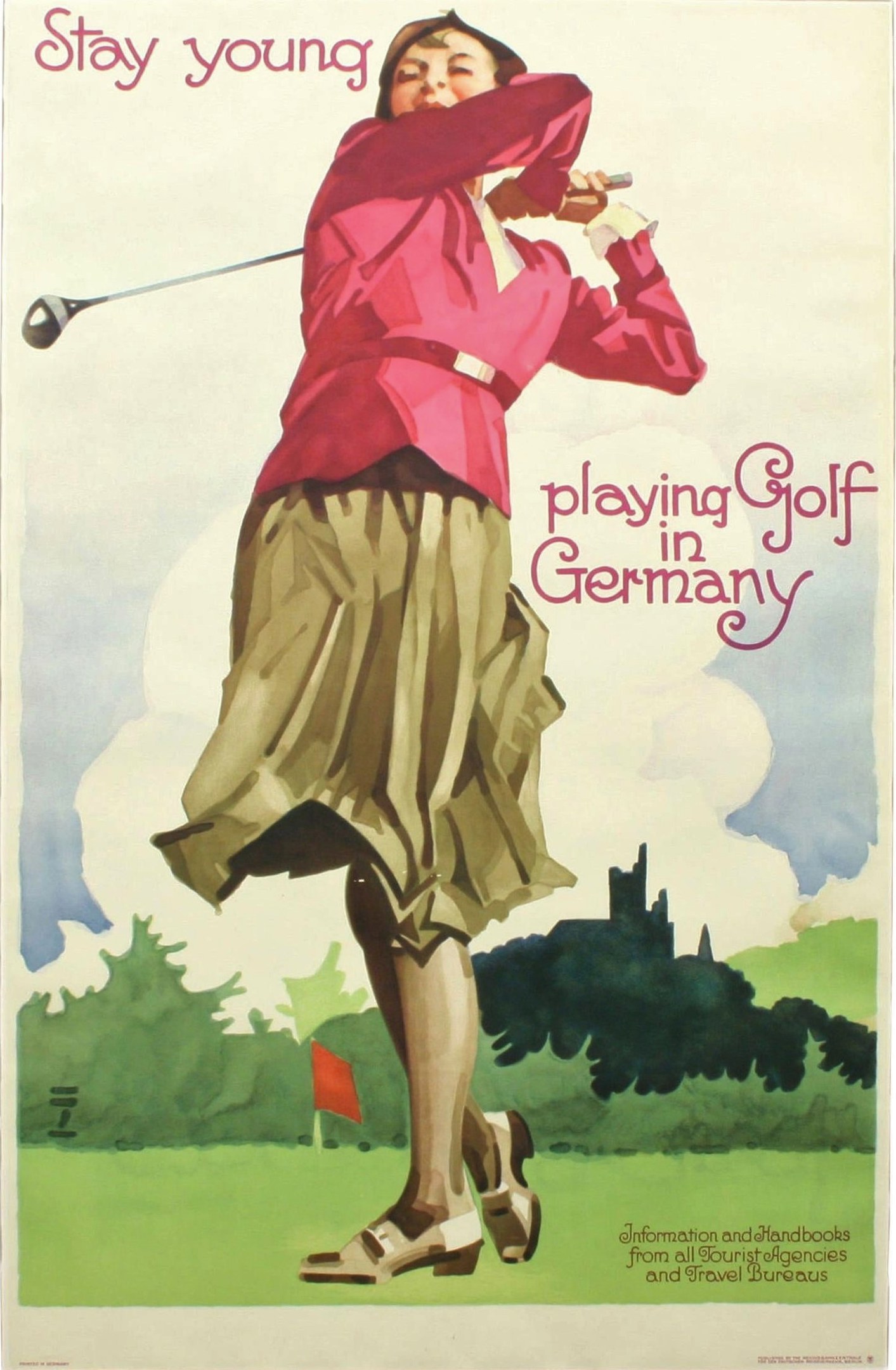 Frau auf einem Golfplatz mit einem Schläger stehend, mit einer Fahne und Bäumen im Hintergrund und Text auf dem Plakat.