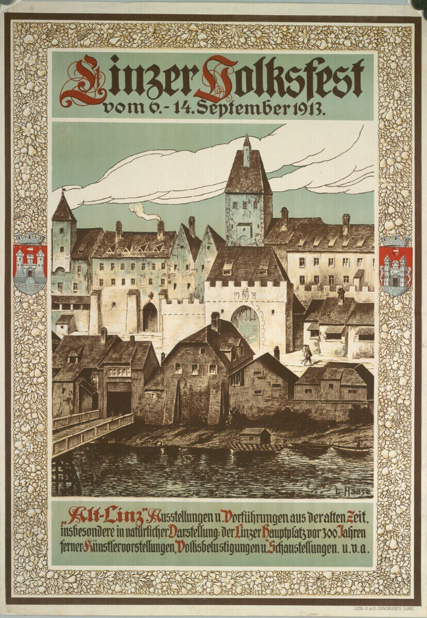 Alter deutscher Festivalplakat mit einer Burgen-Illustration umgeben von Häusern und Text.