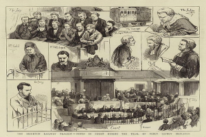 Schwarzes und weißes Gerichtsszenario mit einer stehenden Person, die ein Buch hölt, einer Bahn im Hintergrund und einem Text unten mit der Aufschrift "The Brighton Railway Tragedy - Notes in Court During the Trial of Percy Leffroy Mapleton."
