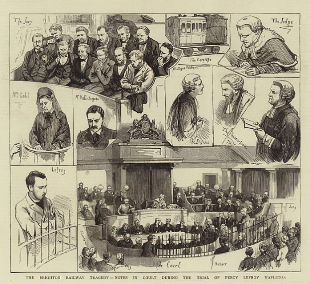 Schwarzes und weißes Gerichtsszenario mit einer stehenden Person, die ein Buch hölt, einer Bahn im Hintergrund und einem Text unten mit der Aufschrift "The Brighton Railway Tragedy - Notes in Court During the Trial of Percy Leffroy Mapleton."
