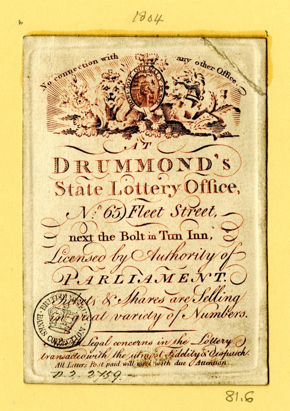 Ein abgegriffenes Buch mit gelbem Hintergrund und einem Stempel, der "Drummond's State Lottery Office" auf seinem Cover trägt.