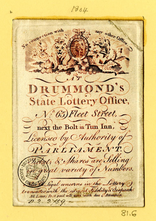 Ein abgegriffenes Buch mit gelbem Hintergrund und einem Stempel, der "Drummond's State Lottery Office" auf seinem Cover trägt.