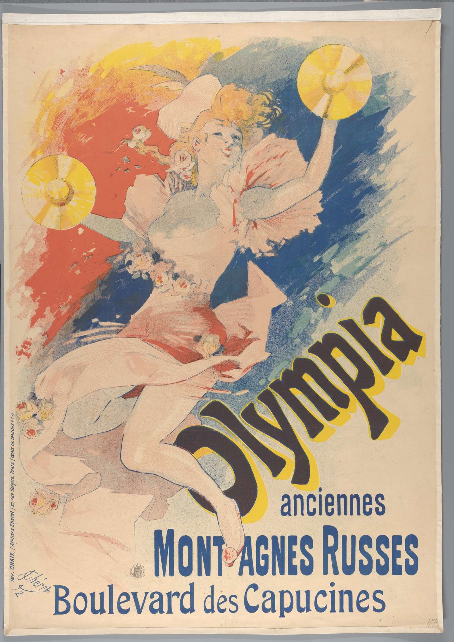 Plakat für die Olympischen Spiele in Mont-Agnes-Russes, Frankreich, das eine Frau in einem bunten Kleid zeigt, die einen Fächer mit Veranstaltungseinzelheiten hält.