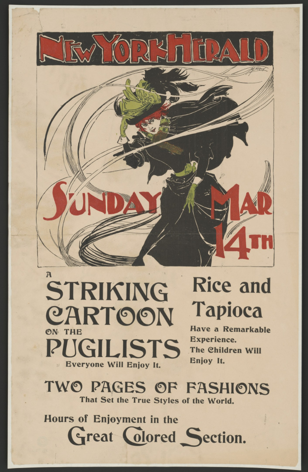 Plakat für den New York Herald am Sonntag, dem 14. März, das eine Karikatur einer Frau mit menschlichem Gesicht und einen Text zeigt, der das Ereignis beschreibt.