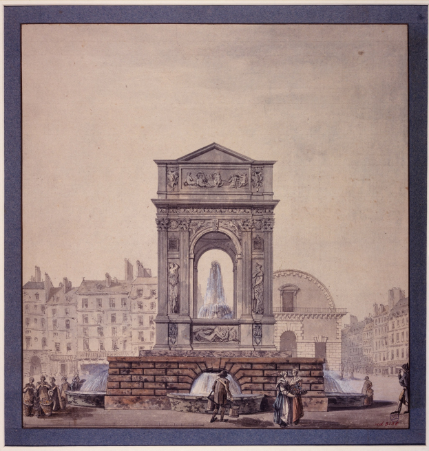 Ein gerahmtes Bild einer Brunnenanlage in einem Stadtplatz, umgeben von Gebäuden und Menschen.