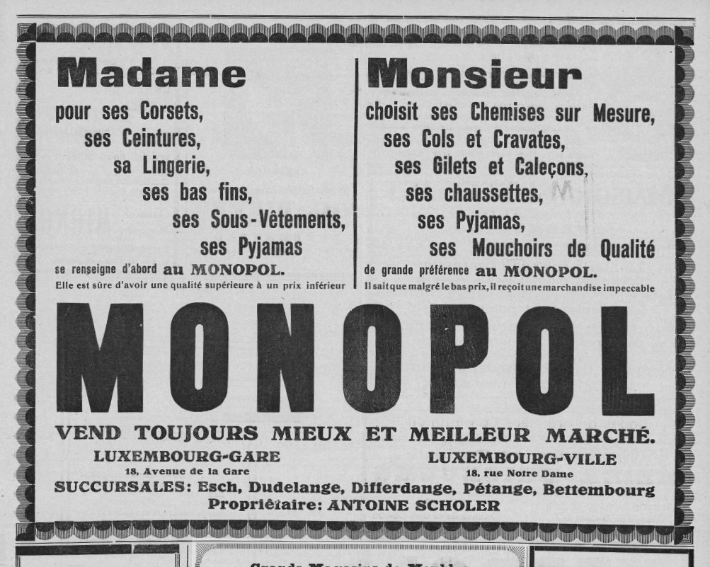 Schwarze und weiße Zeitungsanzeige für das Monopoly-Brettspiel mit Text zu seinen Funktionen.