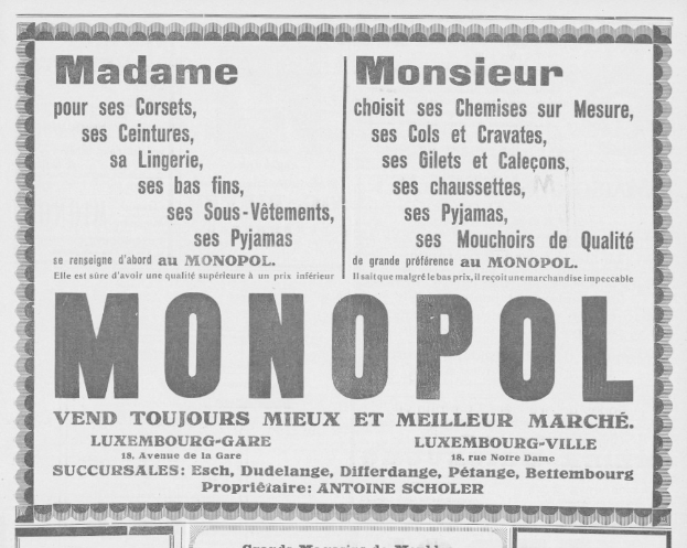 Schwarze und weiße Zeitungsanzeige für das Monopoly-Brettspiel mit Text zu seinen Funktionen.