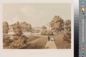 Eine Zeichnung eines Parks mit Menschen, die spazieren gehen, umgeben von Bäumen, Gebäuden und einer Brücke unter einem bewölkten Himmel, mit dem Text "Die zweite Dombrücke in Düsseldorf" unten.