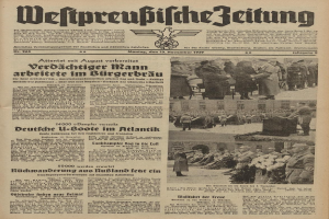 Titelblatt einer deutschen Zeitung vom 13. November 1939, betitelt 'Weitpreubliche Zeitung', mit einem Gruppenbild von Menschen in traditioneller deutscher Tracht in einer feierlichen Atmosphäre.