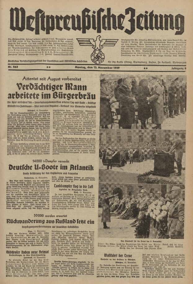 Titelblatt einer deutschen Zeitung vom 13. November 1939, betitelt 'Weitpreubliche Zeitung', mit einem Gruppenbild von Menschen in traditioneller deutscher Tracht in einer feierlichen Atmosphäre.