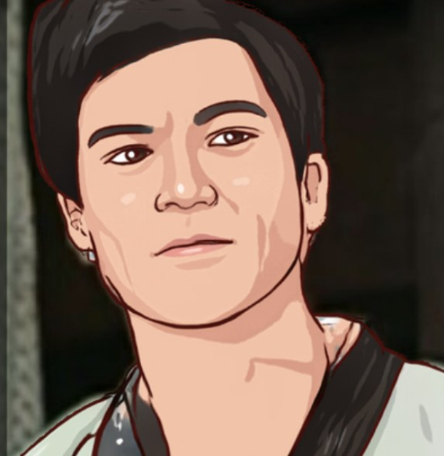 Ein Mann in einem Karateanzug mit einem schwarzen Gürtel steht in einer Kampfstellung gegen einen dunklen Hintergrund mit einem Pfahl zu seiner Linken und sieht entschlossen aus.