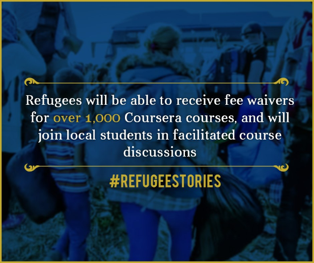 Plakat mit Text über Gebührenbefreiungen für Flüchtlinge in Coursera-Kursen und geführten Diskussionen, mit mehreren Menschen mit Taschen.