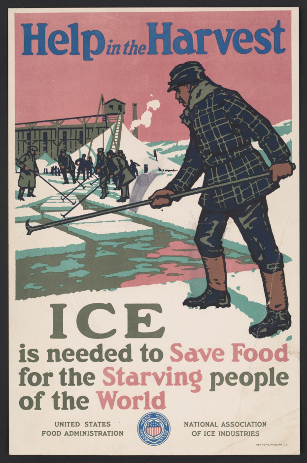 Plakat mit einer Person in einem weißen Hemd und blauen Jeans, die in einem verschneiten Feld mit entschlossener Miene steht, umgeben von fettem schwarzem Text, der "Hilfe bei der Ernte - Eis wird benötigt, um Lebensmittel für die hungernden Menschen der Welt zu retten" gegen einen hellblauen Himmel lautet.