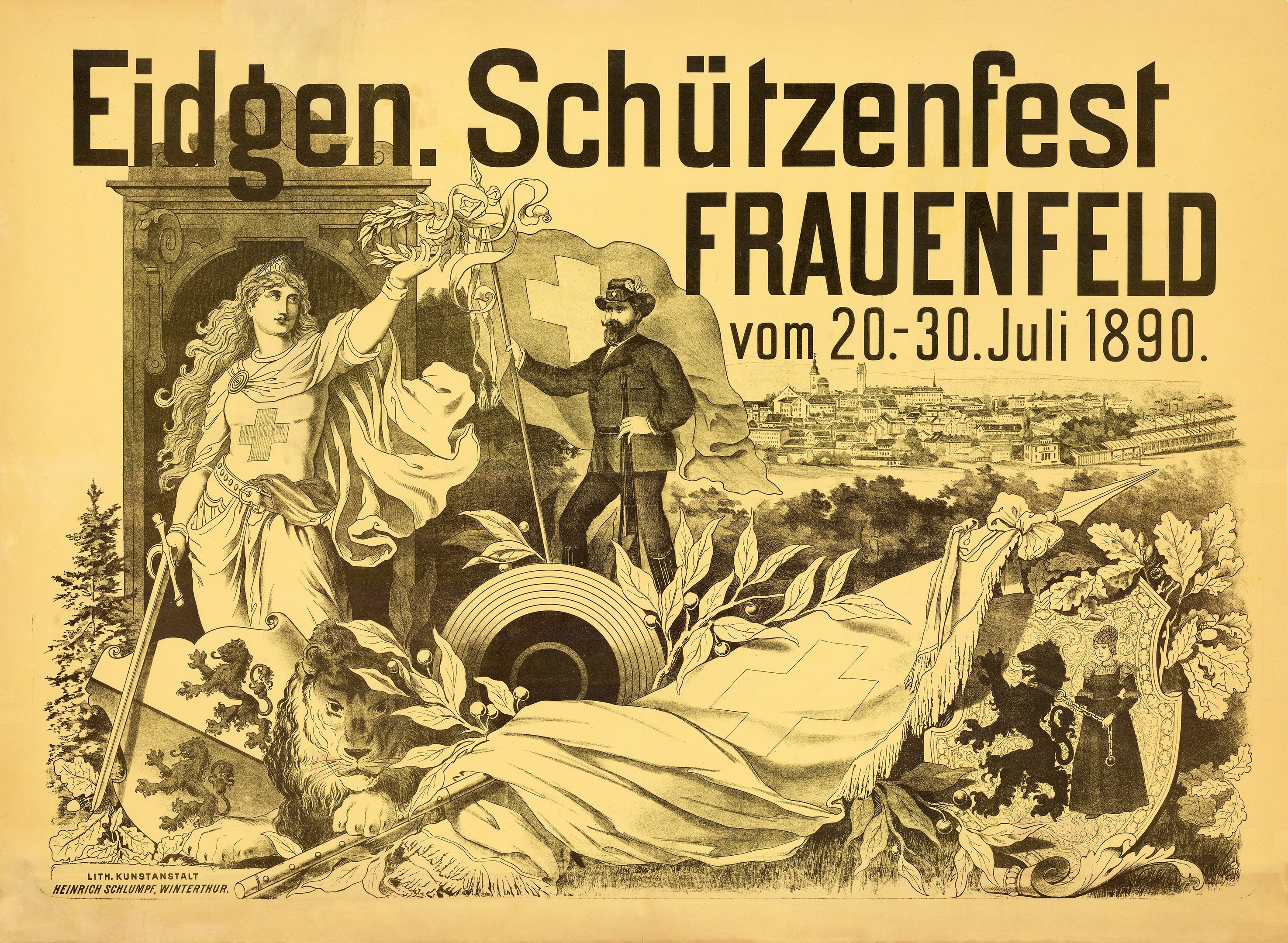 Alter Plakat für das Eidgen Schützenfest in Frauenfeld, Deutschland, zeigt einen Mann im Anzug und eine Frau im Kleid nebeneinanderstehend mit Ereignisinformationen im Text.