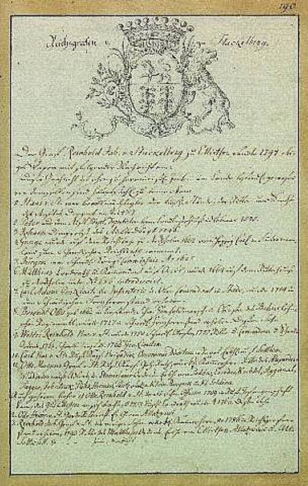 Altes Dokument mit der Überschrift "Johann Wolfgang von Goethes Wiener Vertrag, 1777" in einem goldenen Rahmen mit einem Wappen.