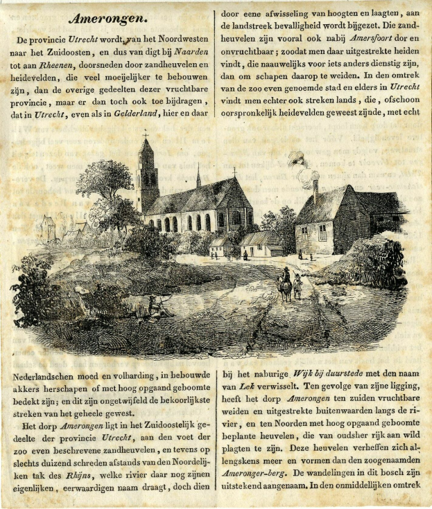 Ein altes Buch mit einer Zeichnung eines Dorfes, einschließlich Häusern, Bäumen und Menschen, neben sichtbarem Text auf seinen Seiten.