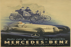 Vintage-Mercedes-Benz-Werbung aus den 1930er Jahren mit einem Plakat, das ein Auto, zwei Personen darin und ein Geb├Ąude im Hintergrund zeigt, begleitet von beschreibendem Text.