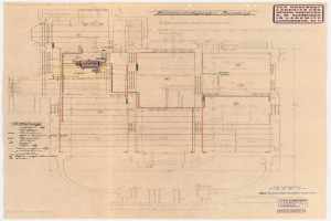Schwarz-weißer Architekturplan des Rosenhof-Krankenhauses in Hamburg, Deutschland, mit detaillierten Grundrissen, Räumen, Fluren und ausführlicher Verdrahtung an der Gebäudefäße.
