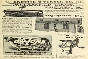 Eine alte Werbung mit einer zentralen Kuh, einer Maschine auf jeder Seite und einem dekorativen Rahmen umgebenen fetten Text.