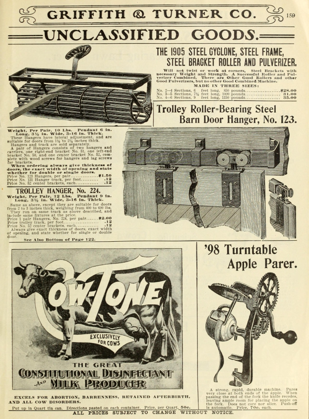 Eine alte Werbung mit einer zentralen Kuh, einer Maschine auf jeder Seite und einem dekorativen Rahmen umgebenen fetten Text.