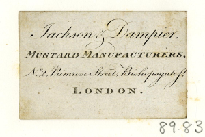 Alte Geschäftsvisitenkarte für Jackson & Damper Senfhersteller, gelegen an No. 2, Primrose Street, Bishopgate, London.