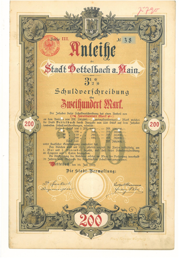 Deutsches Aktienzertifikat mit Porträt eines Mannes, mit gedrucktem Text und numerischen Werten, die Aktien Details angeben.