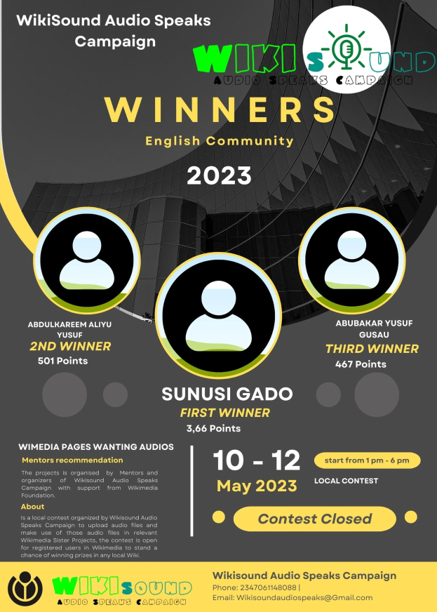 Buntes Plakat mit einem blauen Hintergrund und gelber und weißer Schrift, betitelt "Gewinner" in fetten Großbuchstaben, zeigt strahlende Menschen, die die Kampagnengewinner feiern.