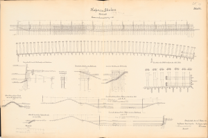 Ein aufgeschlagenes Buch mit einer detaillierten Zeichnung einer Eisenbahnschiene neben Text, das einen Überblick über das Eisenbahnsystem gibt.