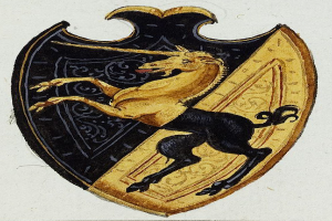 Ein mittelalterliches Gemälde eines Einhorns auf einem Schild, mit dem Einhorn in einer majestätischen Haltung und dem Schild mit detaillierten Designs und leuchtenden Farben geschmückt.