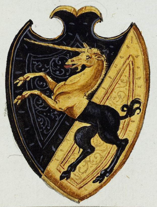 Ein mittelalterliches Gemälde eines Einhorns auf einem Schild, mit dem Einhorn in einer majestätischen Haltung und dem Schild mit detaillierten Designs und leuchtenden Farben geschmückt.