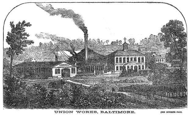 Schwarz-weiß-Illustration von Union Works in Baltimore, Maryland, mit Gebäuden, Bäumen und Rauch im Hintergrund sowie Text unten.